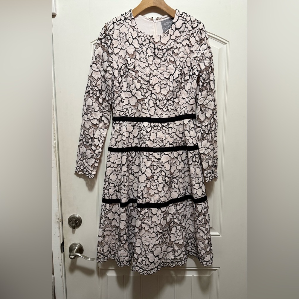 Lela Rose Floral Lace Long Sleeve Dress